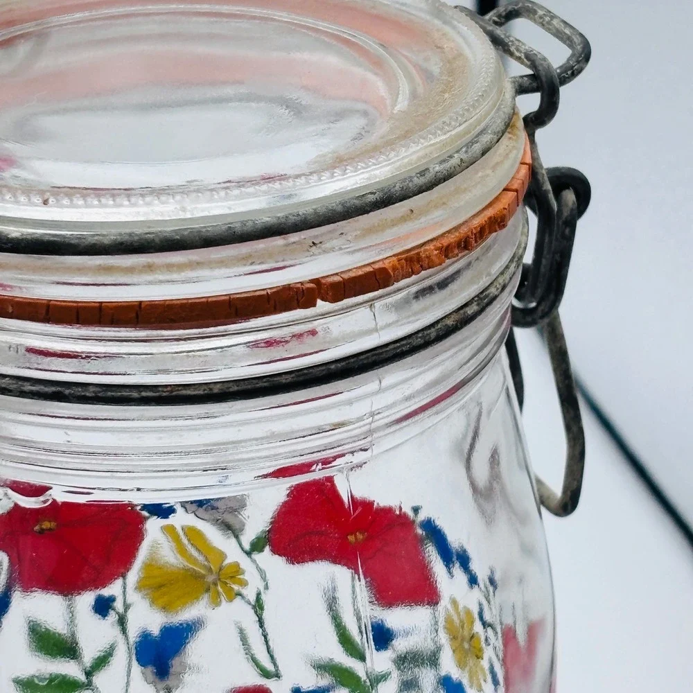 Vintage R Carman Floral Glass Canister Set 4pc Red Poppy Wildflower Bail Lids